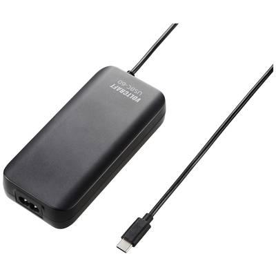 Schwarzes Ladegerät mit USB-C-Anschlusskabel, geeignet für diverse elektronische Geräte.