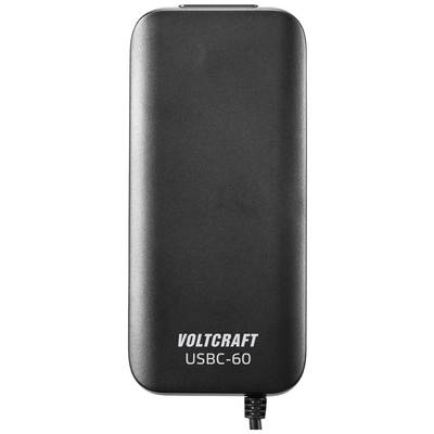 Ein schwarzes Ladegerät mit der Aufschrift 'Voltcraft USBC-60' unten, an ein Kabel angeschlossen.