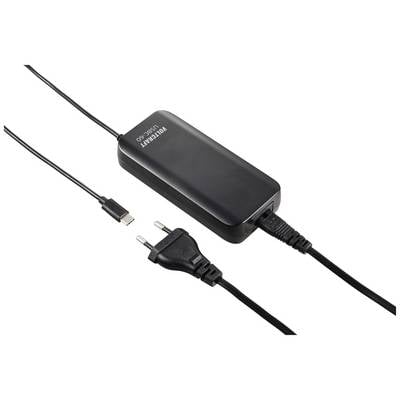 Ein schwarzes Ladegerät mit einem USB-C-Anschluss und einem zweipoligen Stecker für europäische Steckdosen.