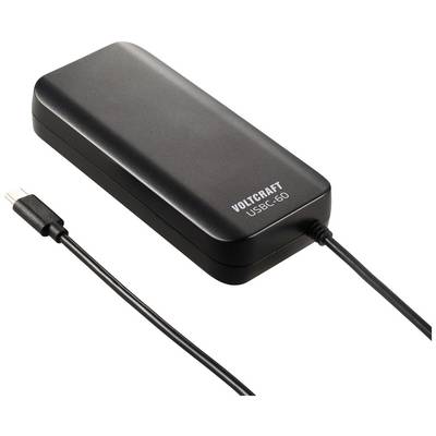 Ein schwarzes Ladegerät der Marke Voltcraft mit der Modellnummer USBC-60 und einem USB-C-Kabelanschluss an der Seite.