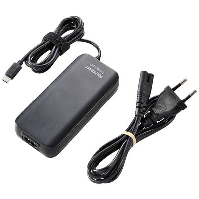 Netzteil mit USB-C-Kabel und EU-Stecker, getrennt. Schwarzes Design, geeignet für Laptops und andere Geräte.