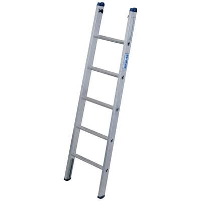 Eine silberne Aluminiumleiter mit sieben Sprossen, die schräg nach rechts lehnt. Sie hat rutschfeste Füße und ist leicht gebaut.