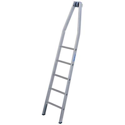 Eine silberne Anlegeleiter mit sechs Sprossen und einem Endstück mit Rollen, geeignet für Arbeiten in der Höhe.