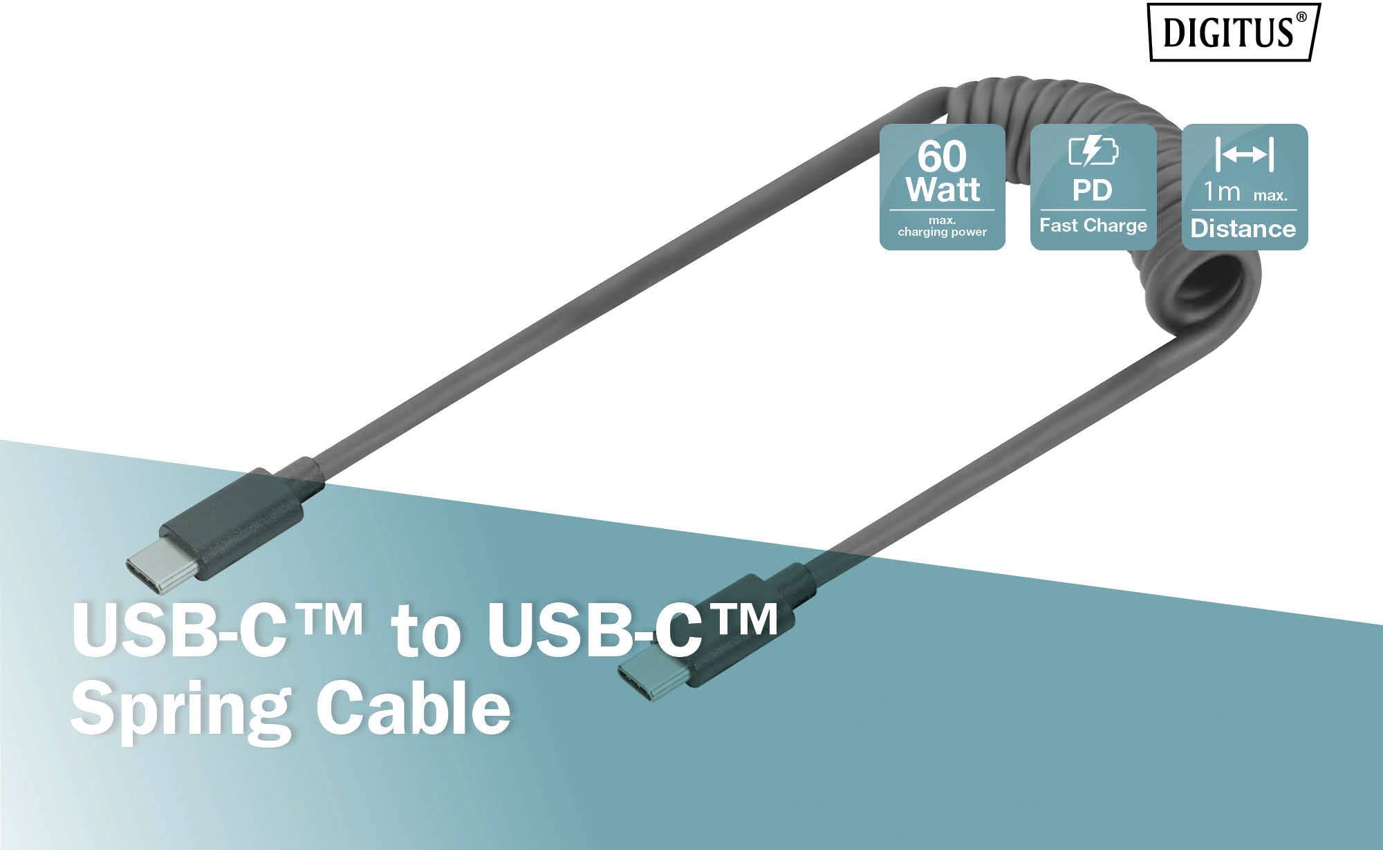 'USB-C zu USB-C Spring Cable', schwarze Spiralkabeldarstellung. Hauptmerkmale: 60 Watt Leistung, PD Schnellladung, 1m maximale Länge.