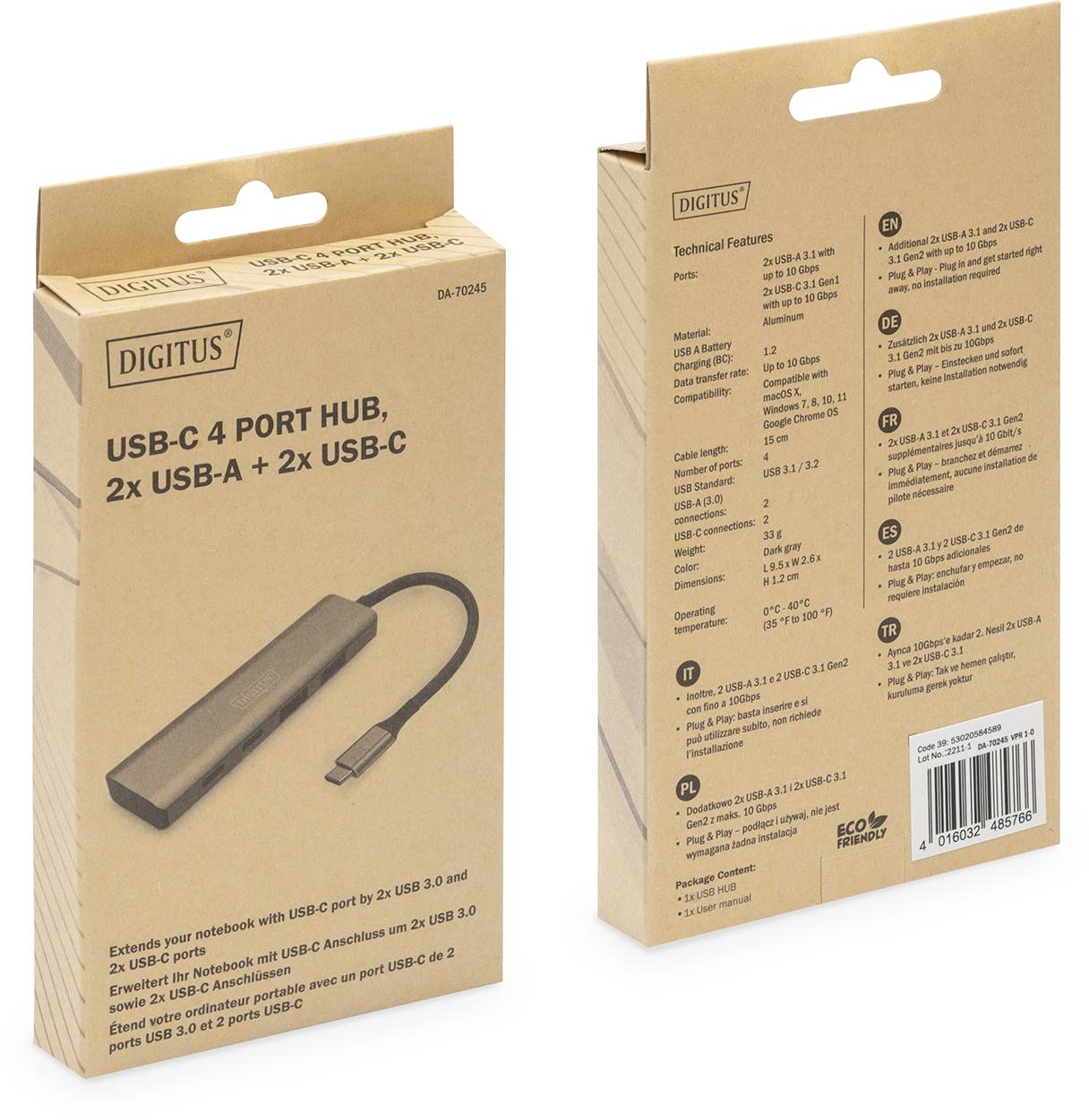 Zwei Kartons eines USB-C 4-Port-Hubs von Digitus. Jeweils ein USB-C- und zwei USB-A-Anschlüsse werden auf der Verpackung hervorgehoben.