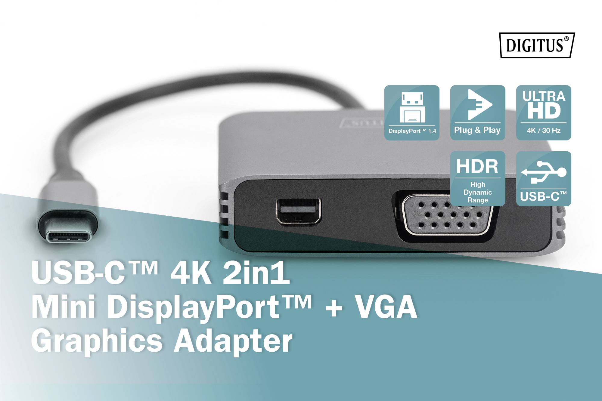 'USB-C 4K 2in1 Mini DisplayPort + VGA Graphics Adapter' wird gezeigt. Funktionen: DisplayPort 1.4, Plug & Play, Ultra HD, HDR, USB-C.