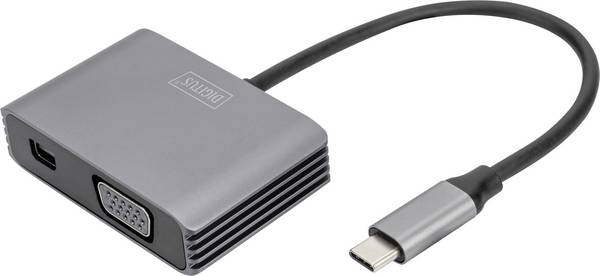 DIGITUS USB-C - mini DP + VGA Adapter 20cm 4K/30Hz silver aluminum housing