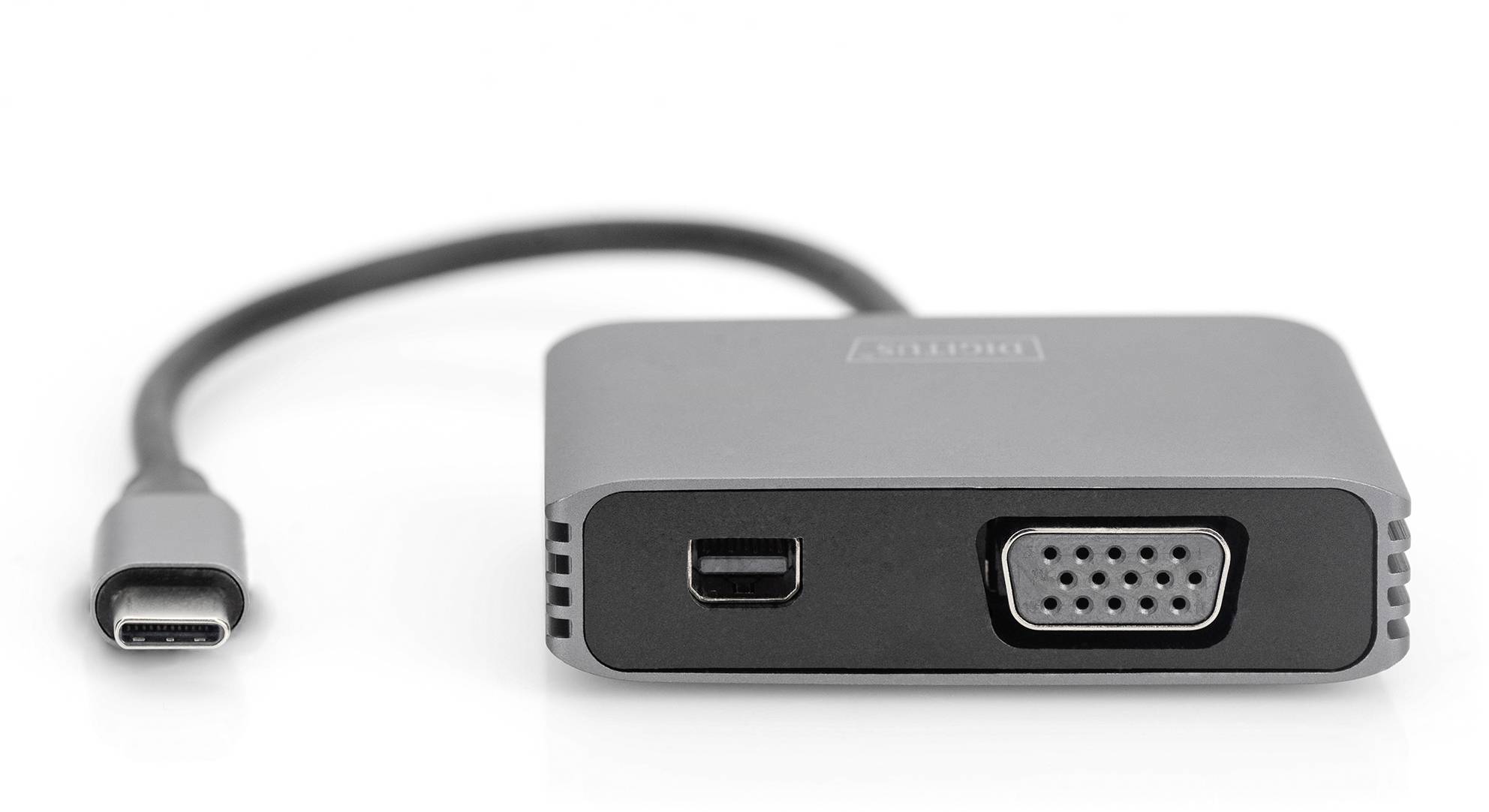 Ein USB-C-Adapter mit VGA- und USB-Anschlüssen.