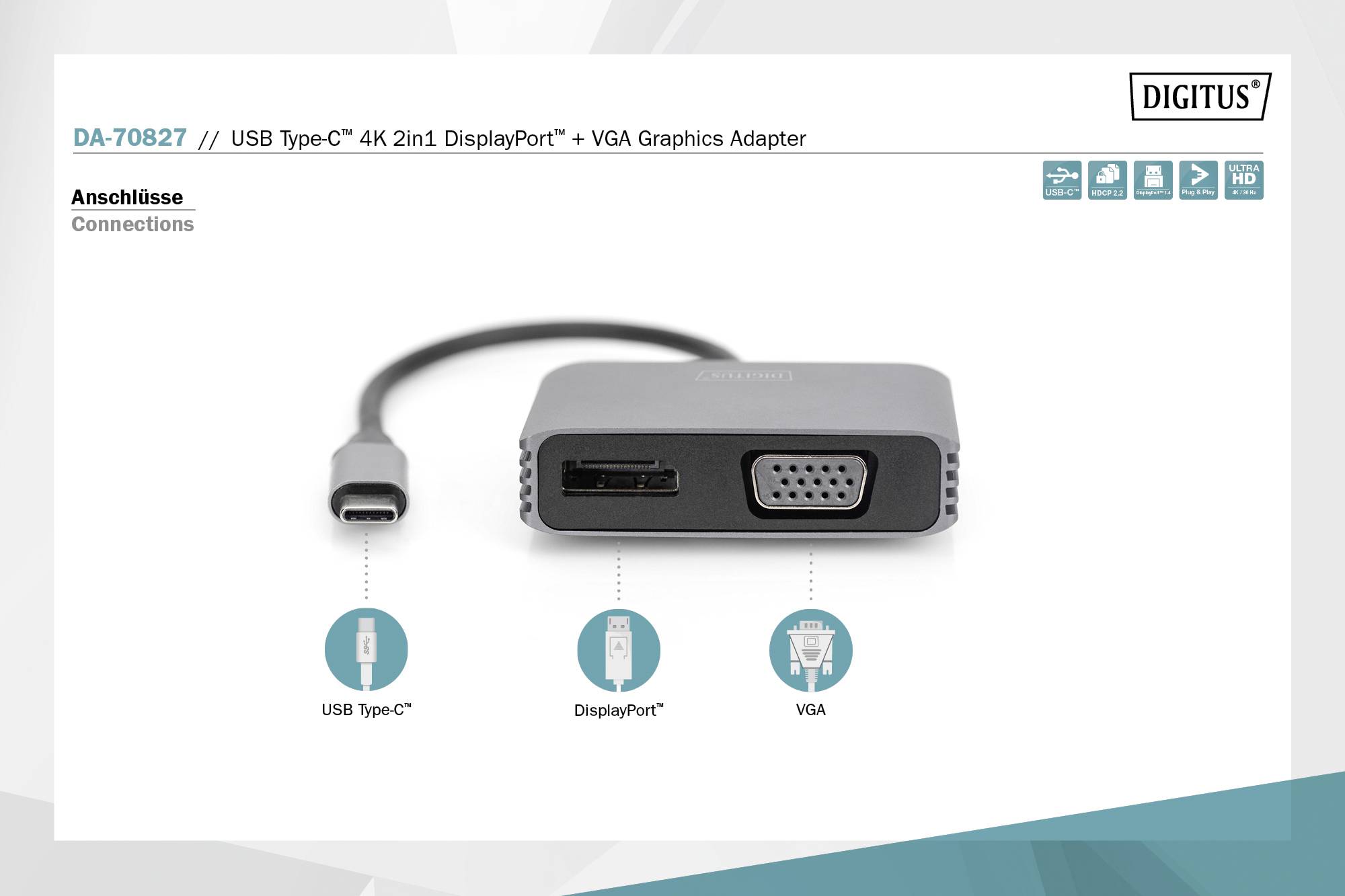 'DA-70827 USB Type-C 4K 2in1 DisplayPort + VGA Graphics Adapter' wird dargestellt mit Anschlüssen: USB Type-C, DisplayPort, VGA.