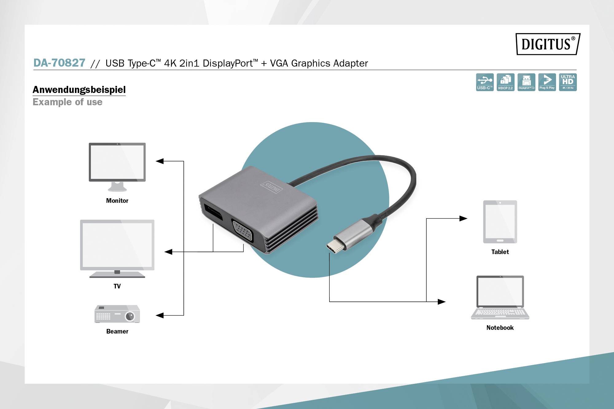 Abbildung eines USB Type-C 4K DisplayPort auf VGA Grafikadapters von Digitus mit Anwendungsbeispielen für Monitor, TV, Beamer, Tablet, Notebook.