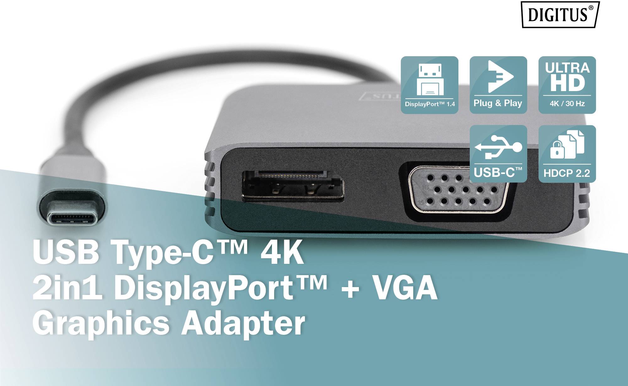 'Digitus USB Type-C™ 4K 2in1 DisplayPort™ + VGA Graphics Adapter' mit Symbolen für DisplayPort 1.4, Plug & Play, Ultra HD und HDCP 2.2.