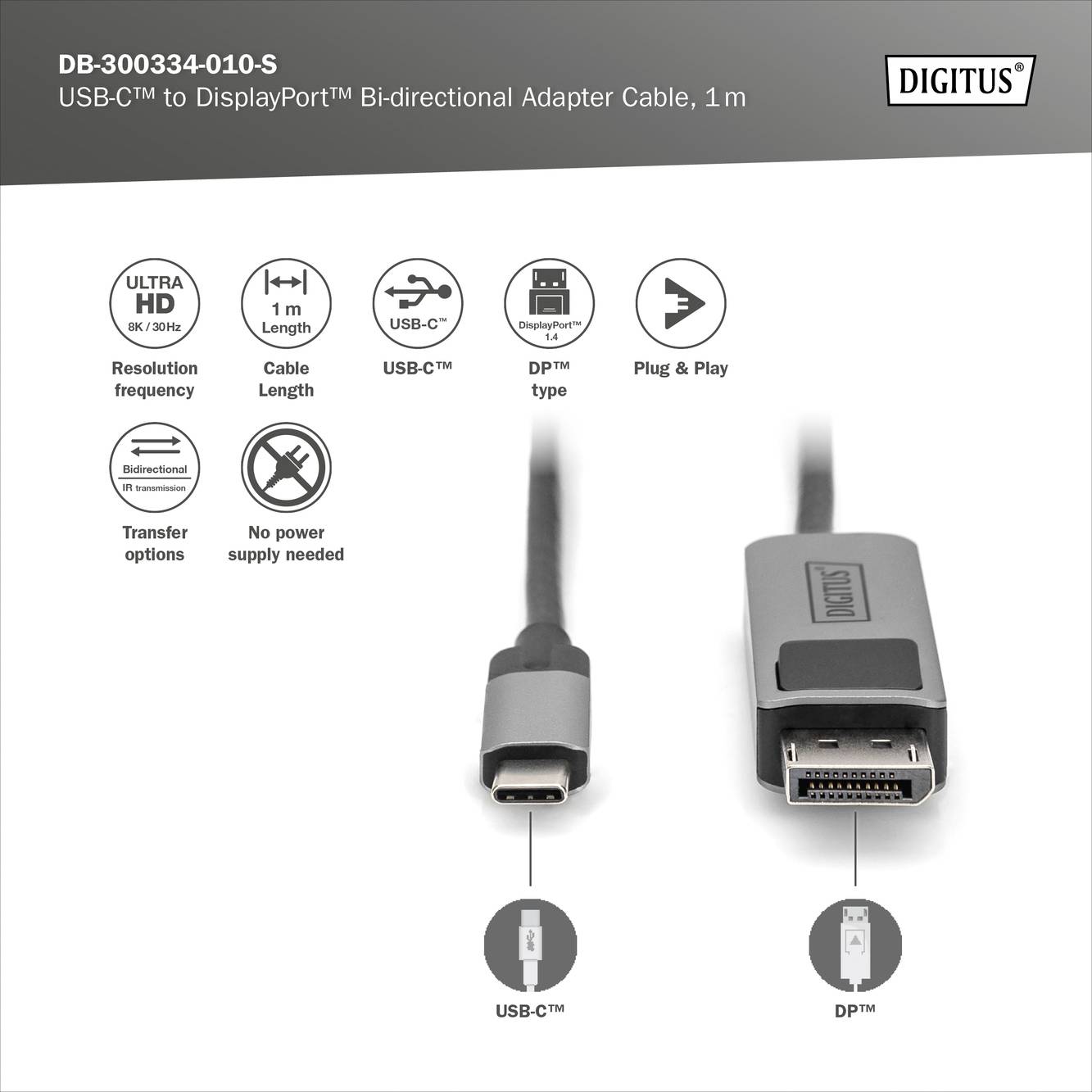 'Digitus Kabel DB-300334-010-S: USB-C™ zu DisplayPort™ Adapterkabel, 1m, Ultra HD, Plug & Play Fähigkeit, keine zusätzliche Stromversorgung erforderlich.'