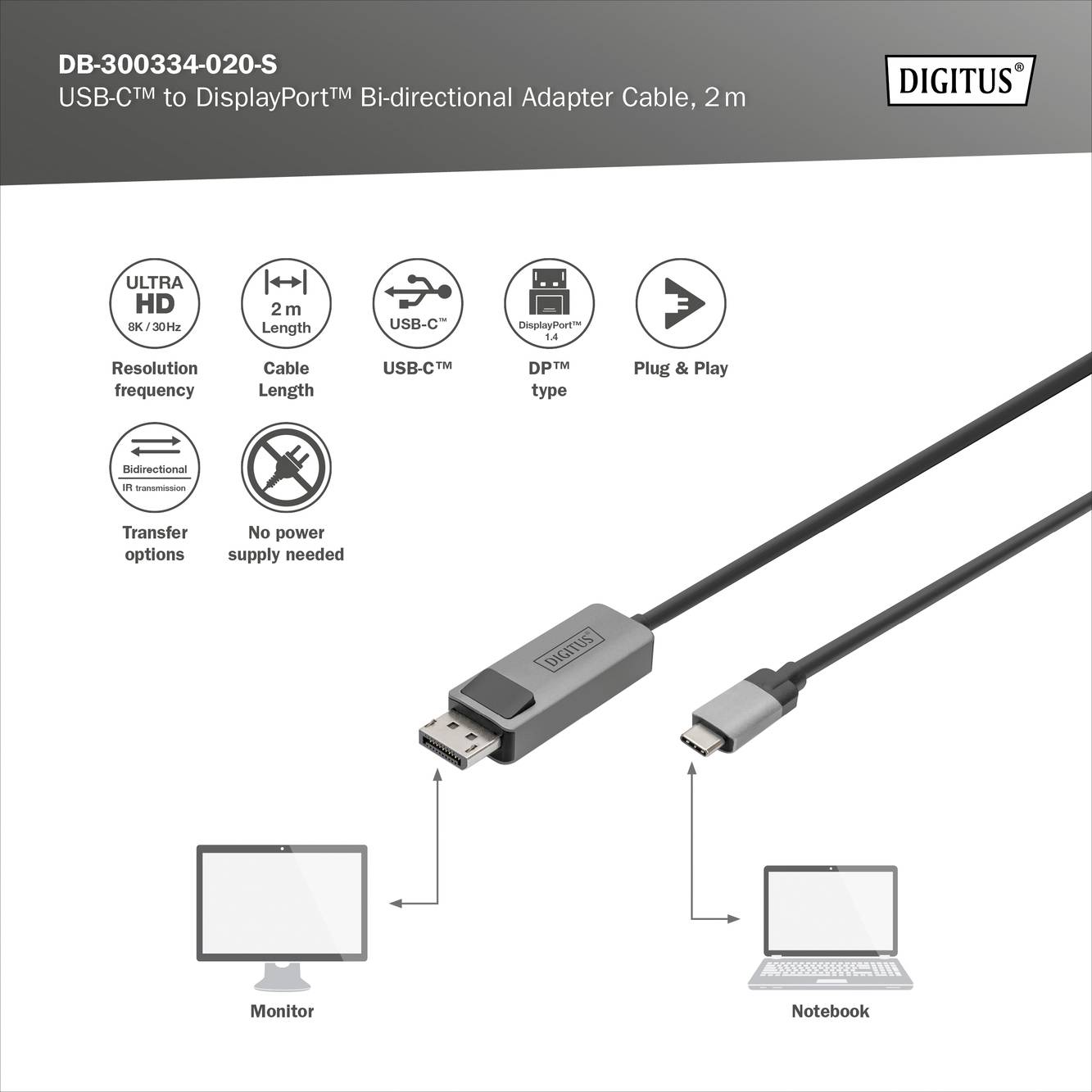 'USB-C™ auf DisplayPort Bi-directional Adapterkabel, 2 m' Bild zeigt Adapterkabel, Monitor, und Laptop; Plug & Play, kein Strom nötig.