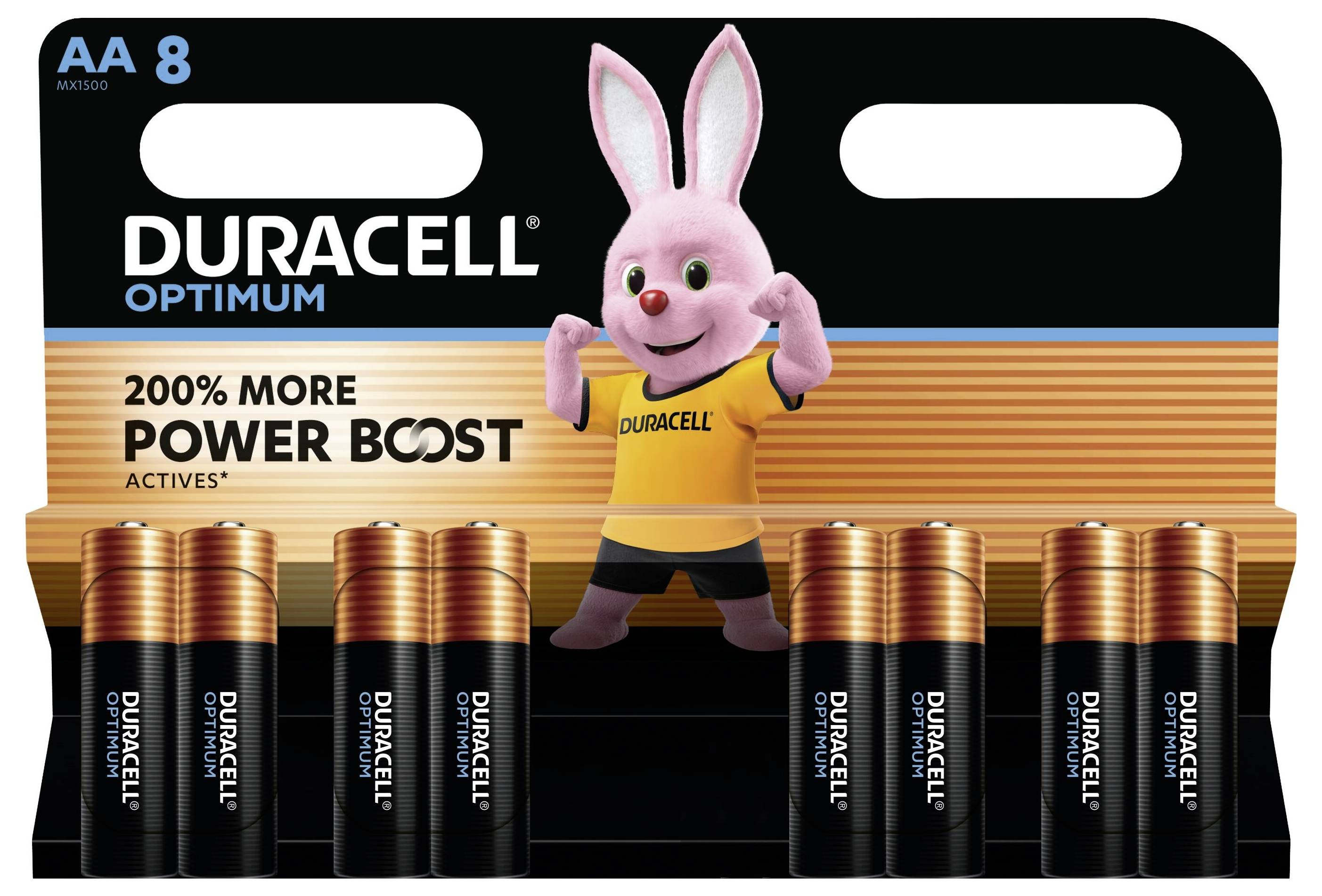 „Duracell Optimum" AA 8er-Pack mit rosa Häschen-Maskottchen. Wirbt für „200% mehr Power-Boost-Aktivstoffe". Enthält acht AA-Batterien.