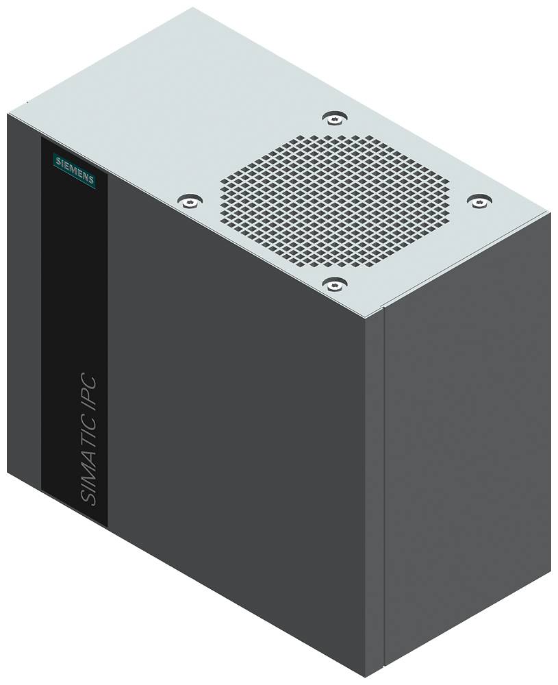 Ein SIMATIC IPC Gehäuse in schwarzer und grauer Farbe mit Lüftungsschlitzen oben.