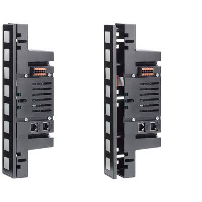 Zwei schwarze Netzwerkmodule mit Anschlüssen und Lüftungsschlitzen, nebeneinander stehend.