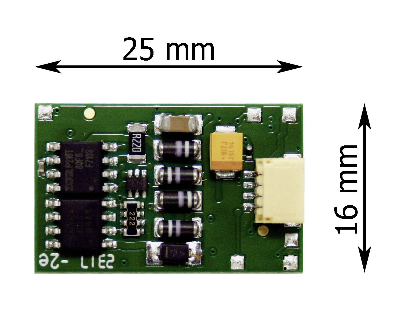 'Grüne Leiterplatte mit elektronischen Bauteilen, rechteckig, 25 mm x 16 mm, enthält Kondensatoren, Widerstände und ICs.'