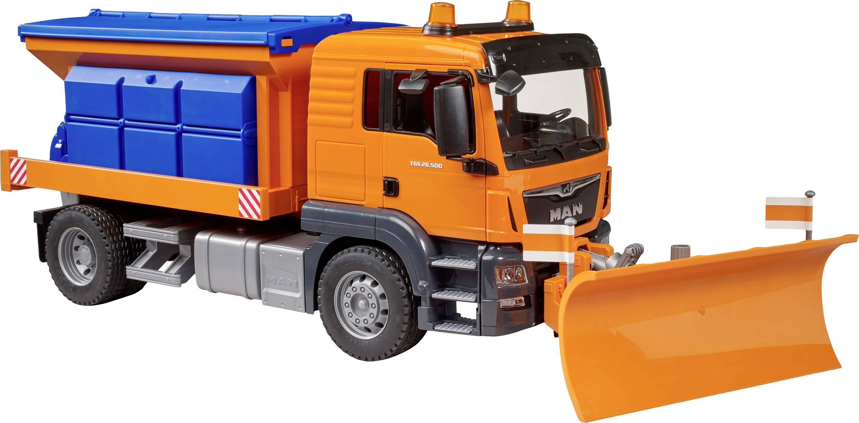 'Spielzeug-Schneepflug in Orange und Blau mit beweglichem Räumschild, ideal für realistische Winterspiel-Szenen.'