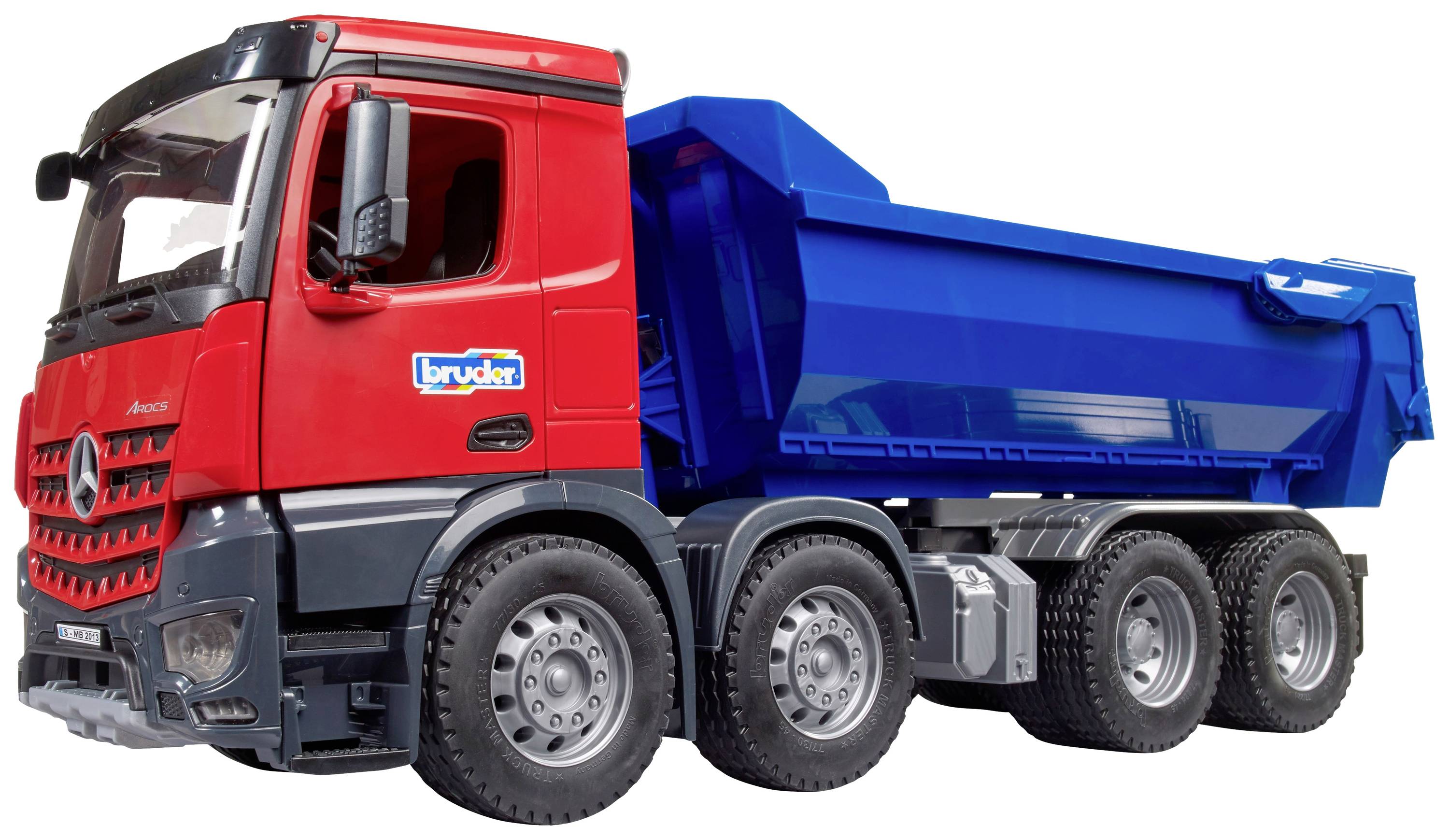 Roter Spielzeug-Müllwagen mit blauem Container und schwarzem Mercedes-Logo. Der LKW steht still und ist detailreich gestaltet.