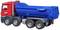 Rotes Spielzeug-Lkw mit blauem Kippanhänger steht auf weißem Hintergrund; ideal für Kinder im Rollenspiel oder als Sammlerstück.
