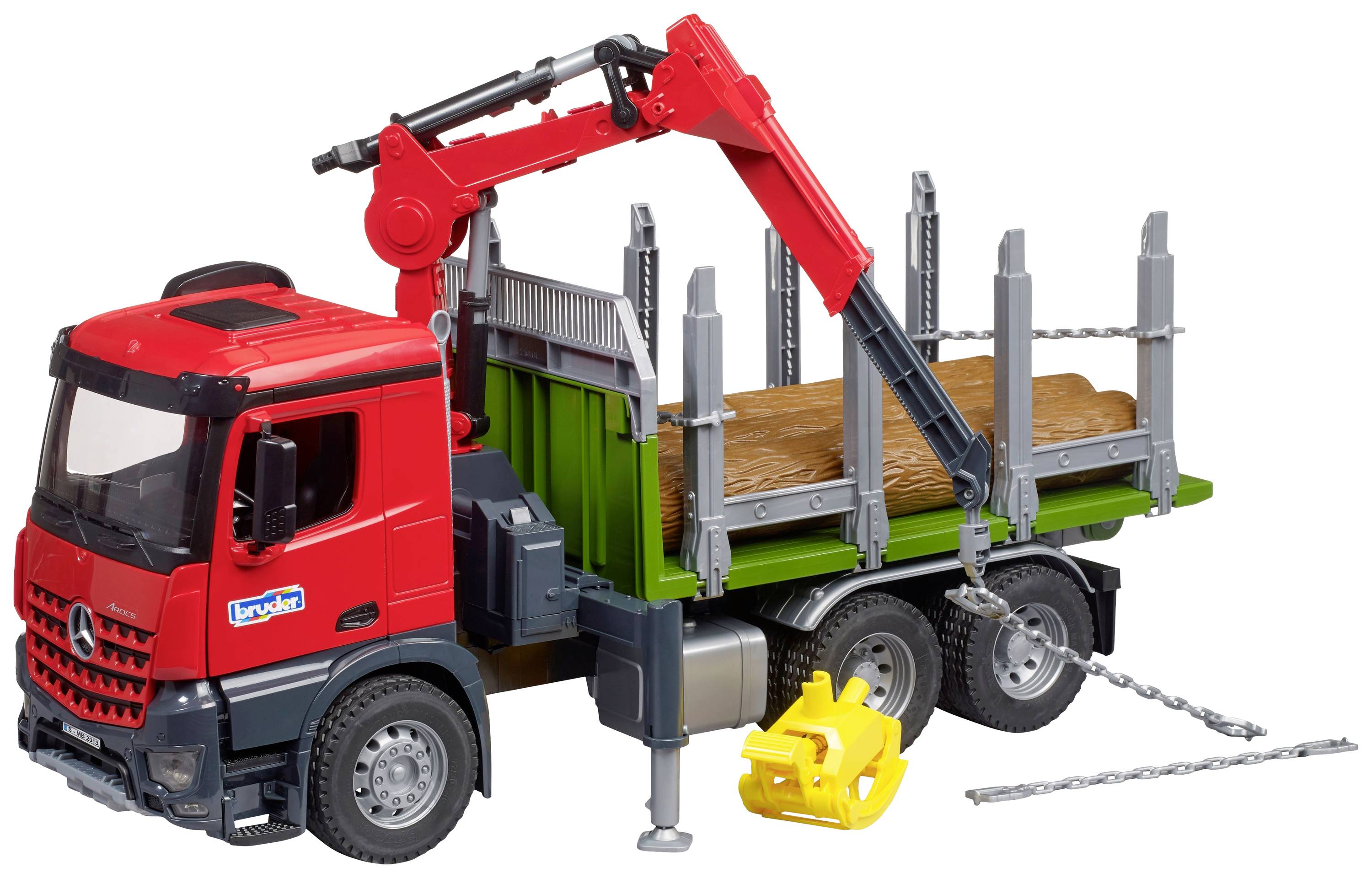Spielzeug-LKW mit rotem Fahrerhaus und grünem Anhänger, beladen mit Holzstämmen. Ein Kranarm ist aufgerichtet.