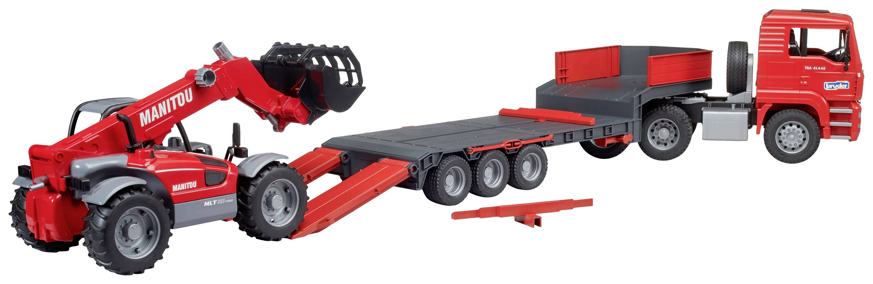 Roter Spielzeug-Lastwagen mit Anhänger und Teleskoplader, beide mit beweglichen Teilen. Markenname auf den Fahrzeugen abgebildet.