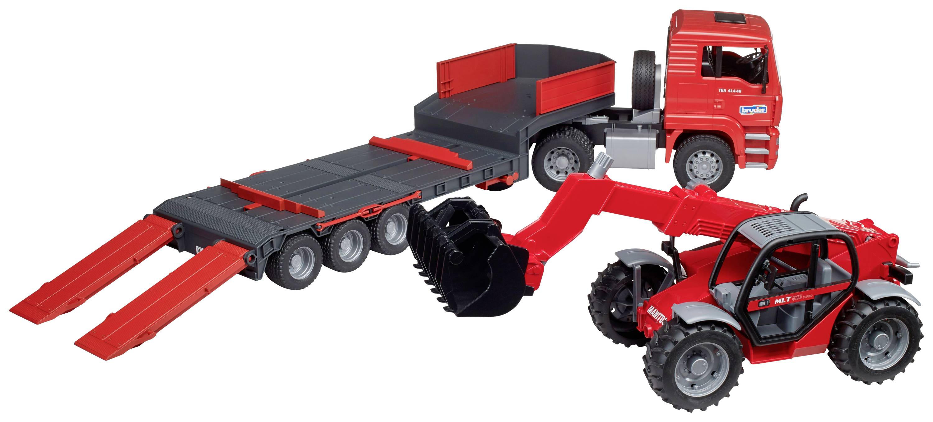 Ein roter Spielzeug-LKW mit Anhänger und Bagger. Der LKW hat einen absenkbaren Anhänger, der Bagger ist für Bauarbeiten gedacht.