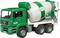 Ein grüner Spielzeug-LKW mit Betonmischer und 'rapid mix' Aufschrift. Der LKW hat sechs Räder und Details wie Auspuff und Kabine.