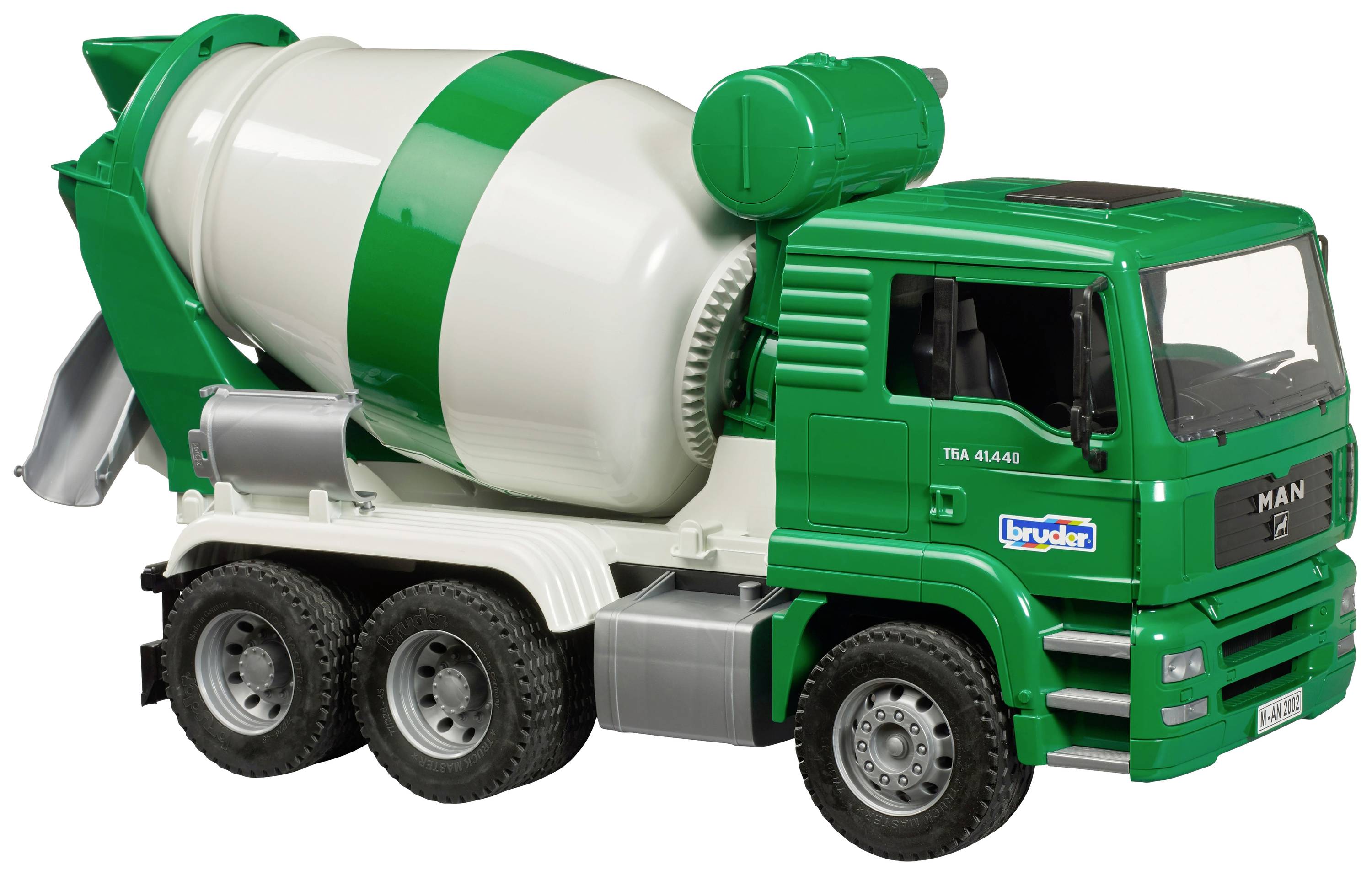 Spielzeugbetonmischer in Grün und Weiß, basierend auf einem MAN Lkw-Modell.