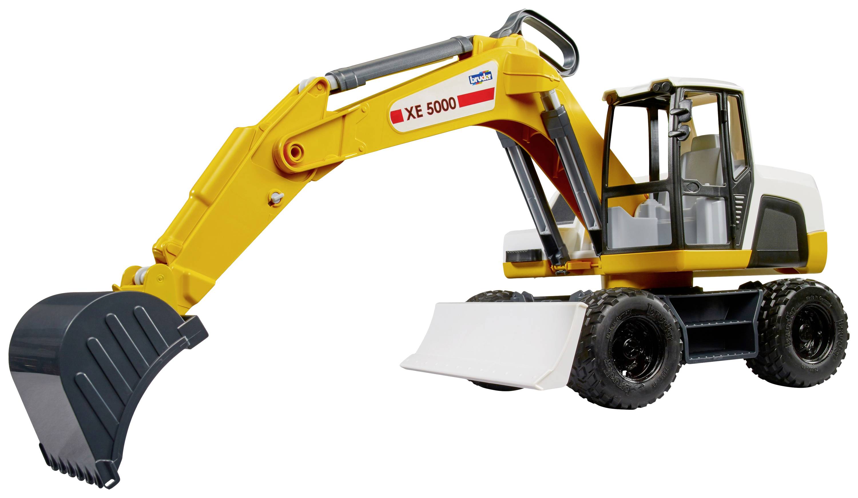 Gelber Bagger mit der Aufschrift 'XE 5000' auf dem Arm, große Schaufel vorne, steht auf vier großen Reifen.
