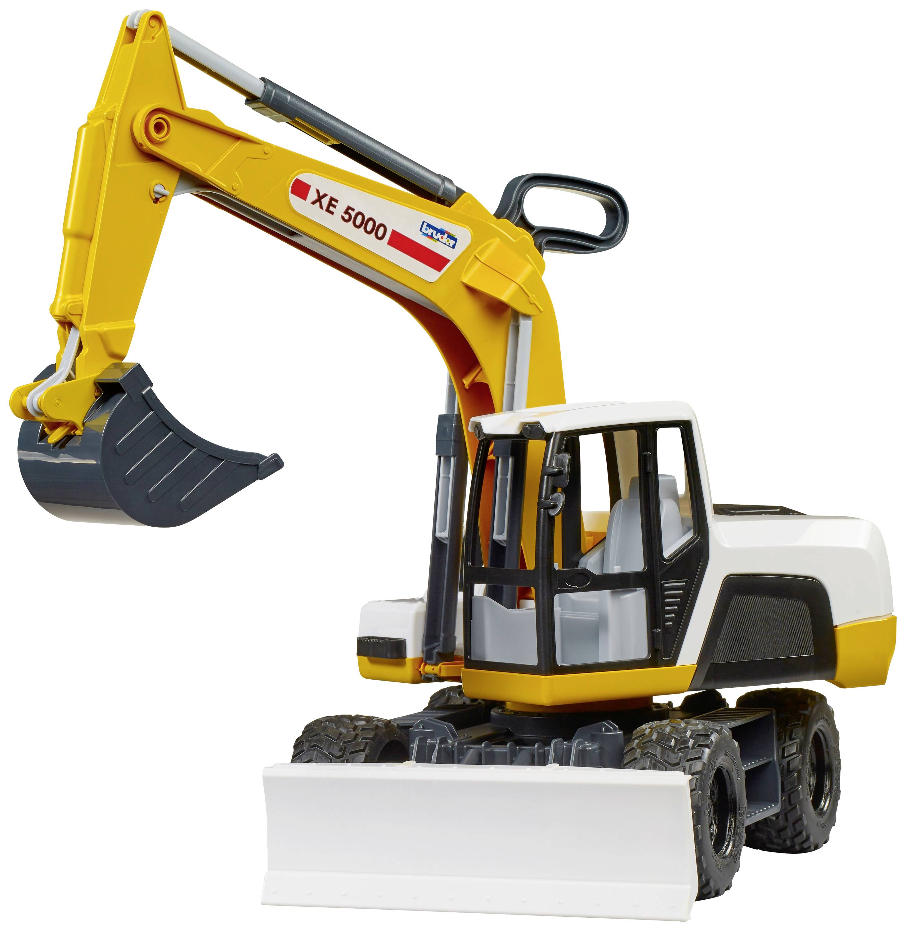 Spielzeugbagger mit der Aufschrift 'XE 5000' und beweglichem Schaufelarm, in Gelb und Weiß gehalten.