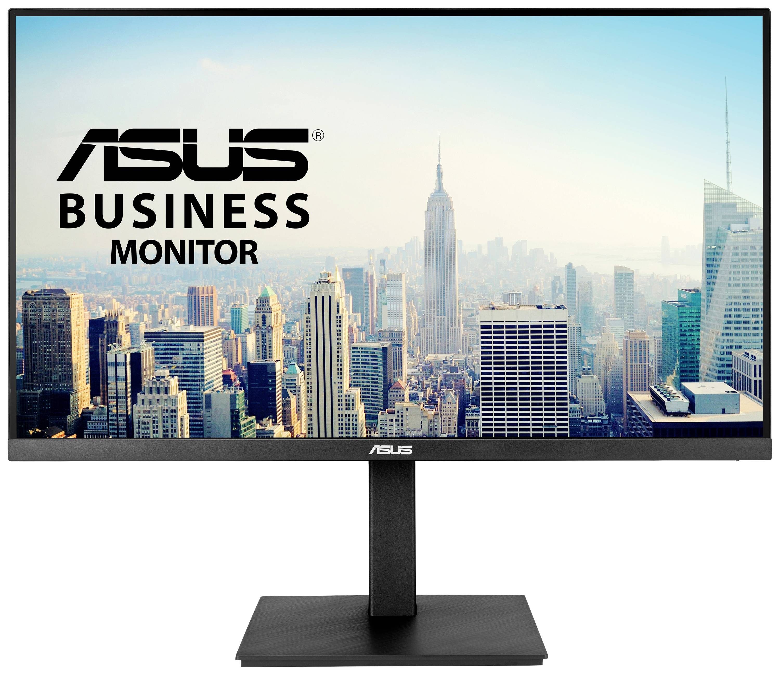 'ASUS Business Monitor' Bildschirm mit Stadtansicht im Hintergrund. Großer Bodenständer sichtbar. Hauptmerkmal ist die Bildschirmdarstellung.