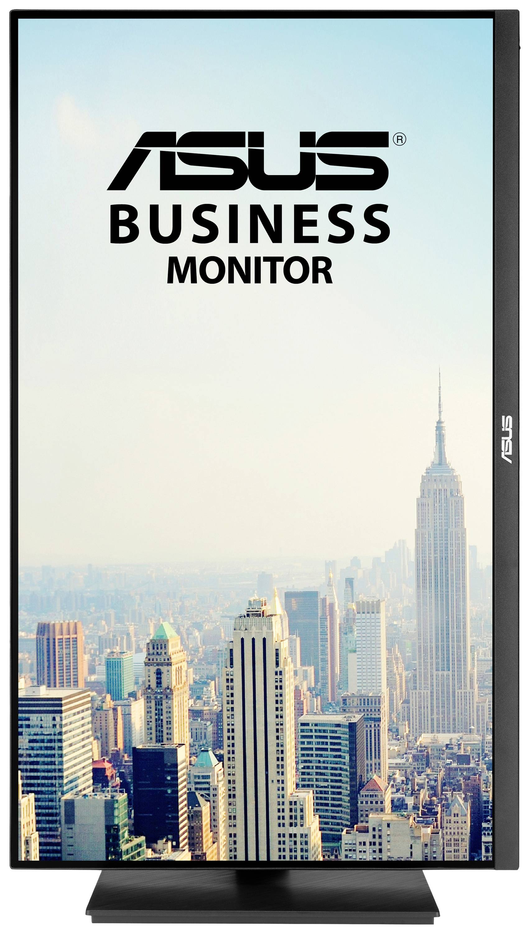 Asus Business Monitor mit Hochformat-Anzeige, Skyline von New York mit dem Empire State Building im Hintergrund.