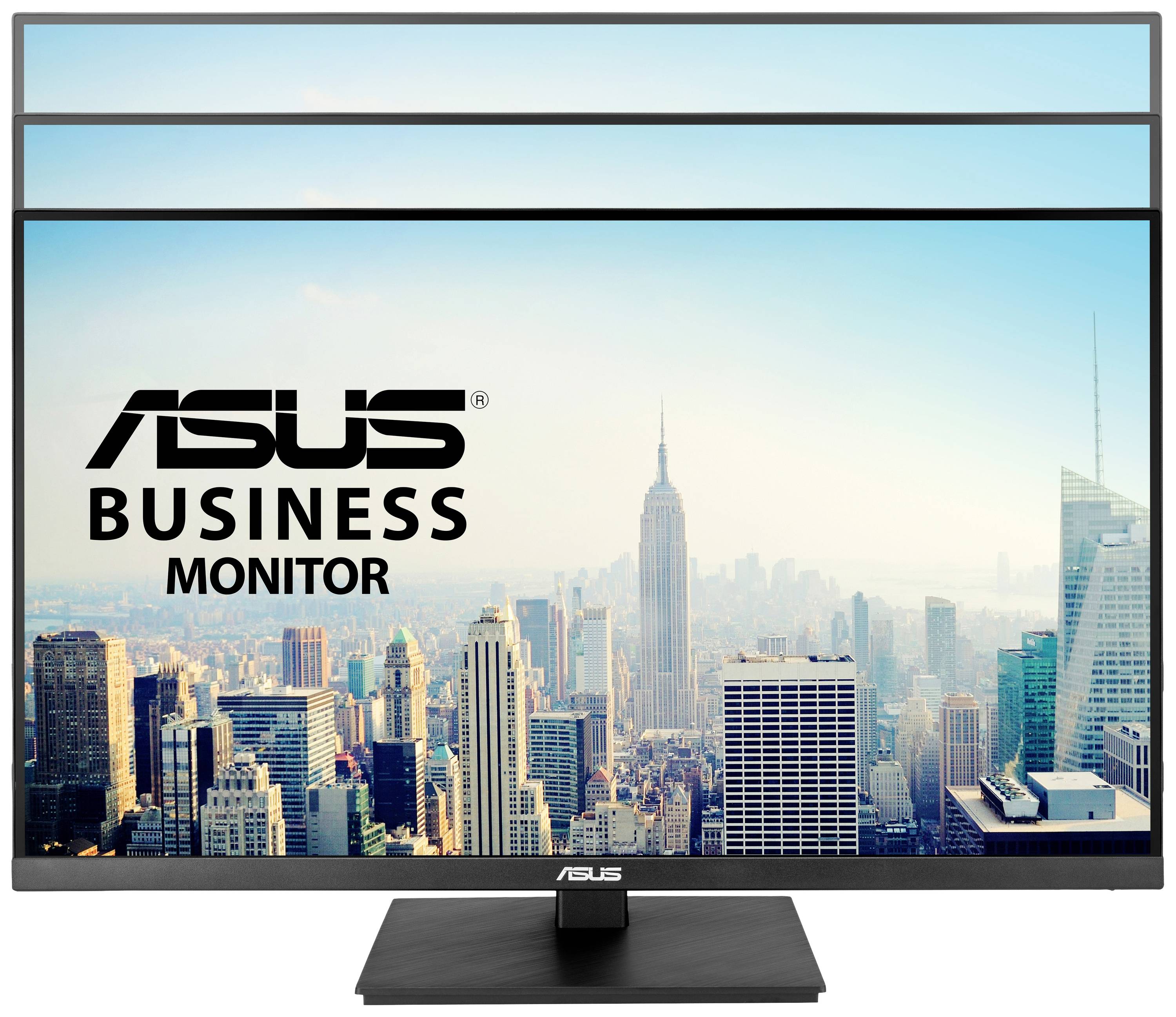 Ein ASUS Business Monitor zeigt die Skyline einer Großstadt mit hohen Gebäuden und klarem Himmel im Hintergrund.