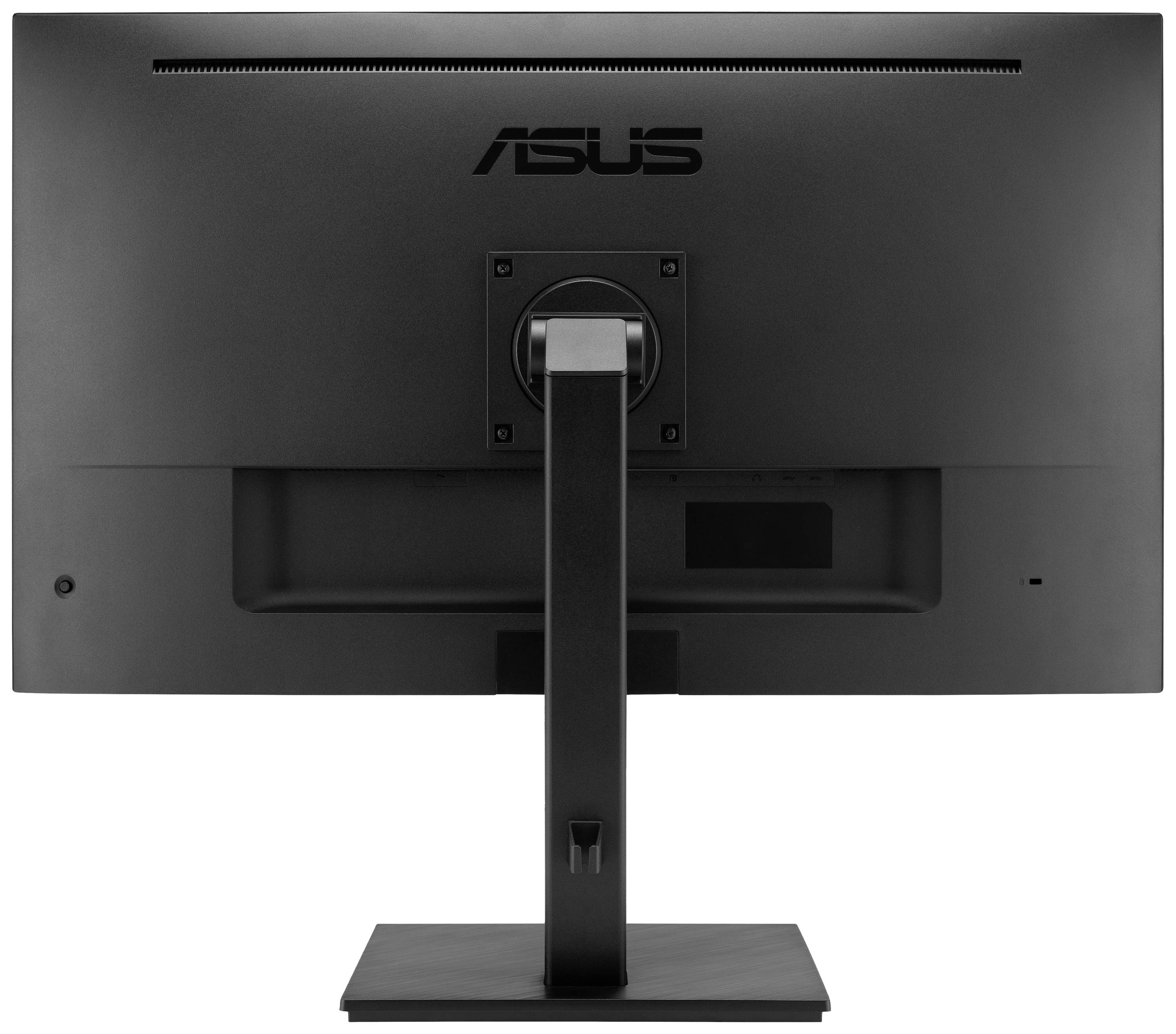 Ein schwarzer Computermonitor von ASUS, Rückansicht. Der Standfuß ist verstellbar, und das Logo ist oben sichtbar.