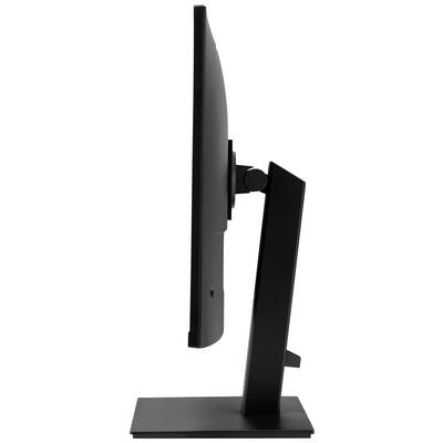 Ein schwarzer Computermonitor im Profil zeigt seine schlanke Bauweise und einstellbaren Standfuß.