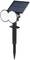 Solarlampe mit zwei runden LED-Leuchten und Solarpanel, montiert auf einem Stab mit Erdspieß. Ideal für Gartenbeleuchtung.