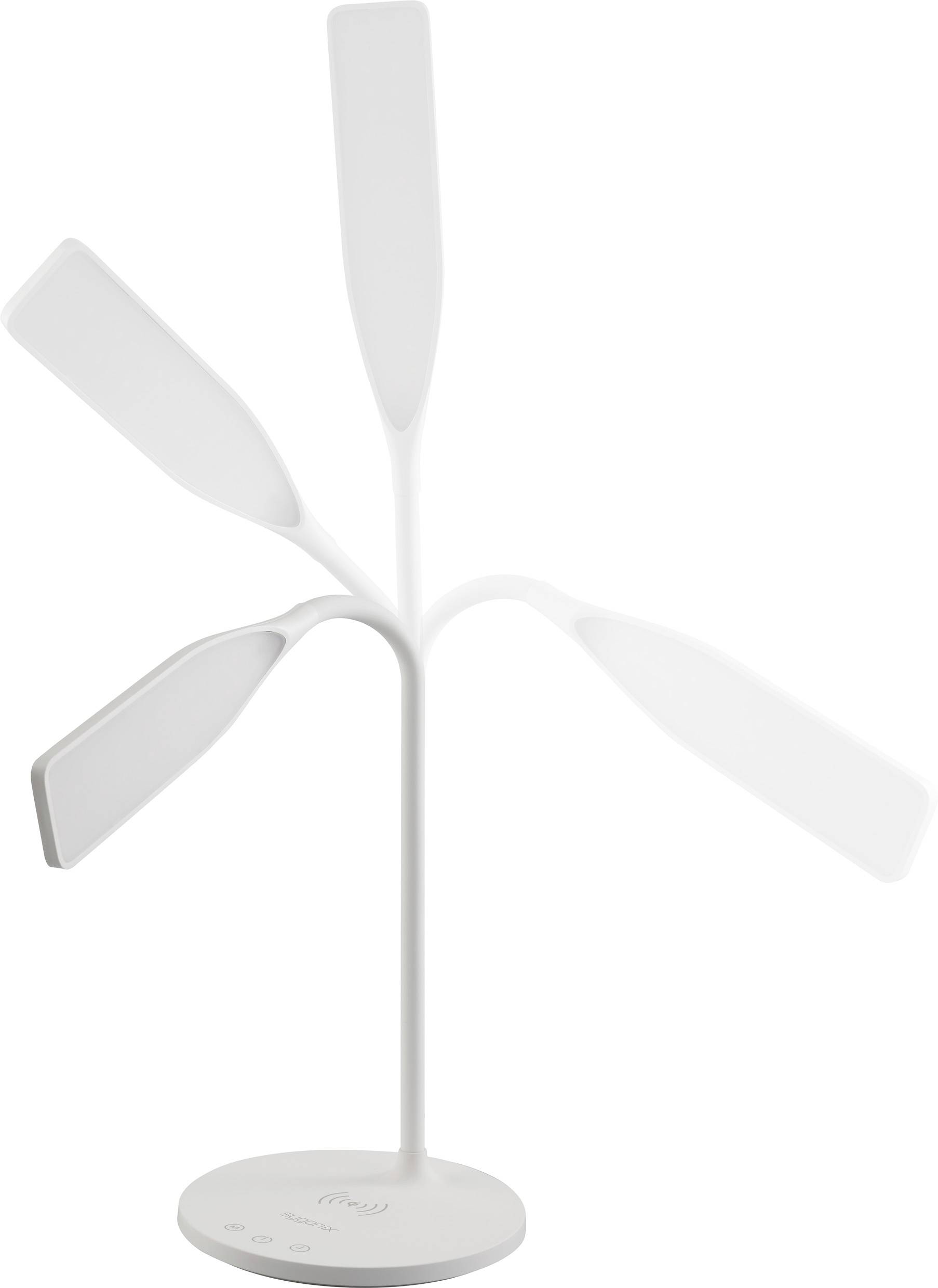 Eine weiße, moderne Tischlampe mit vier verstellbaren Armen, die wie Blätter geformt sind; steht auf einem runden Sockel.