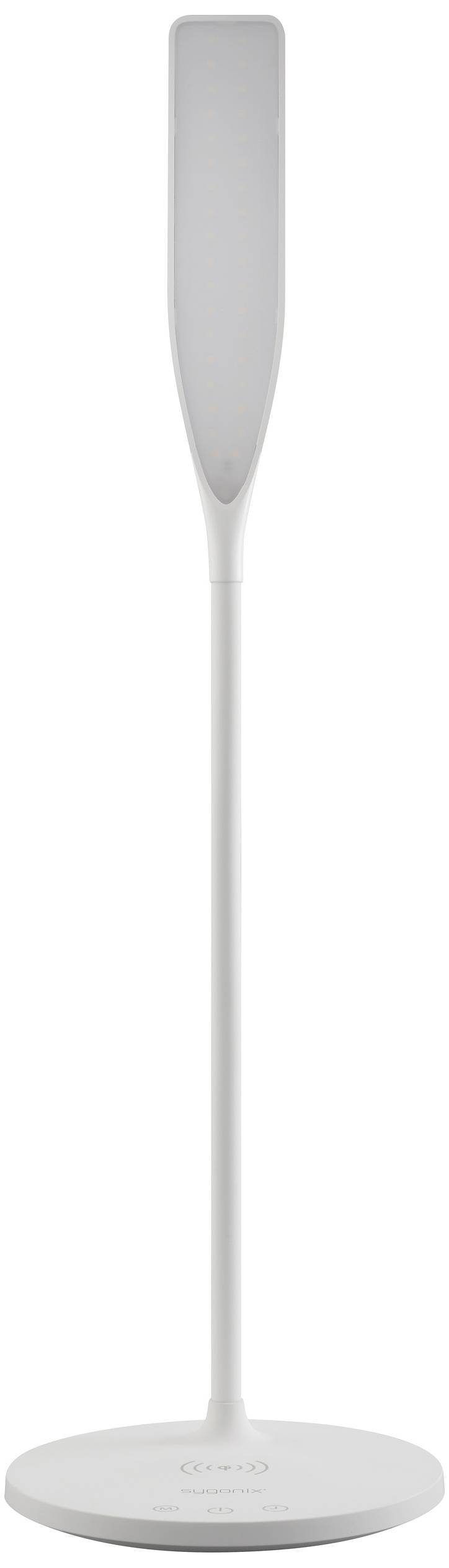 Weiße Stehlampe mit schlankem, modernem Design, langer schmaler Lampenschirm und runder Basis. Minimalistischer Stil.