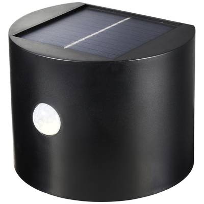 Schwarze, runde Solarleuchte mit Solarpanel oben und Bewegungssensor an der Seite. Ideal für Außenbereiche.
