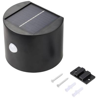 Schwarze, halbrunde Solarlampe mit Bewegungssensor, Schrauben und Halterung. Ideal für Außenbereich zur automatischen Beleuchtung.