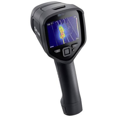 Wärmebildkamera mit Display zeigt Wärmeverteilung in Gelb- und Blautönen. Modell 'FLIR E8 Pro'. Ergonomisches Design, schwarz.