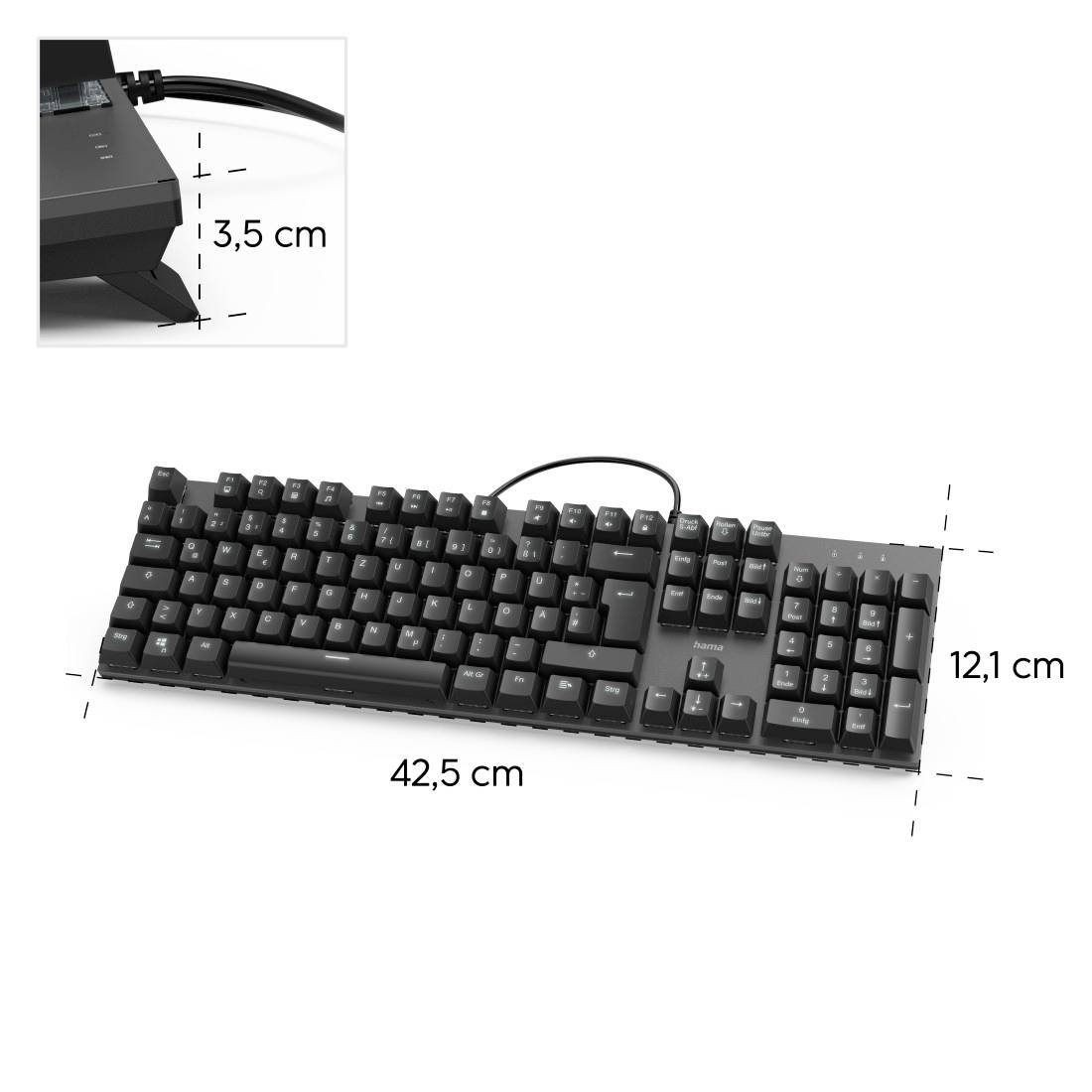 Schwarze mechanische Tastatur mit Kabel. Maße: 42,5 cm breit, 12,1 cm hoch. Vergrößertes Bild zeigt Tastaturbeinchen von 1,5 cm Höhe.