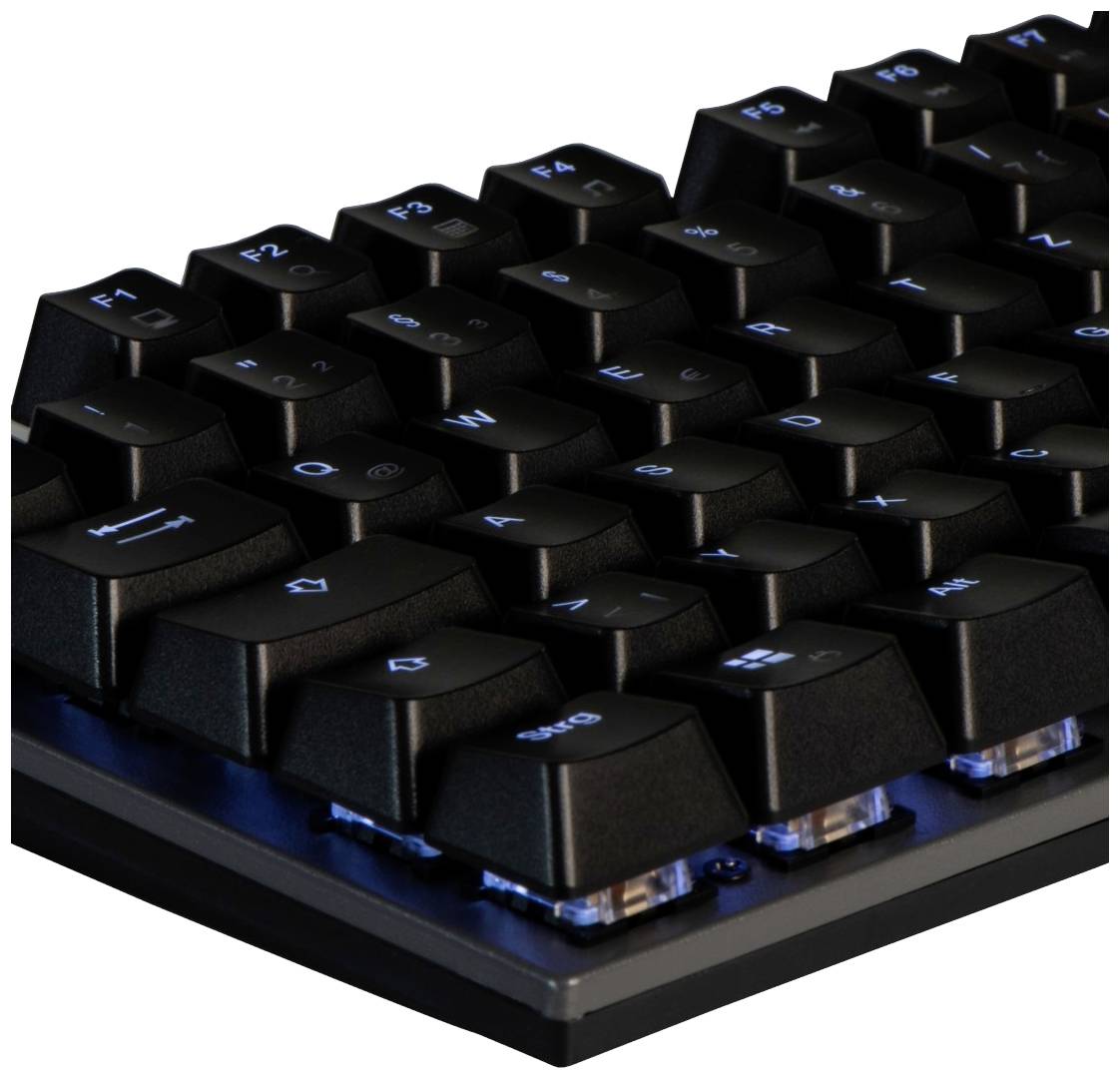 Eine schwarze mechanische Tastatur mit beleuchteten Tasten, seitlich fotografiert. Sie zeigt Funktionstasten mit klaren Buchstaben.