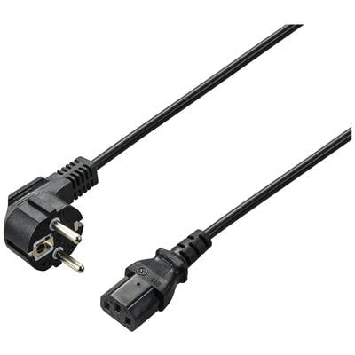 Schwarzes Stromkabel mit Eurostecker und IEC-Stecker, geeignet zur Verbindung von elektronischen Geräten mit Stromversorgungen.