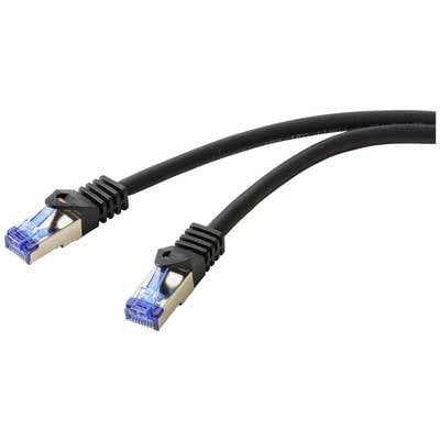 Zwei schwarze Ethernet-Kabel mit blauen Steckern, oft verwendet für Netzwerkverbindungen in Computern oder Routern.