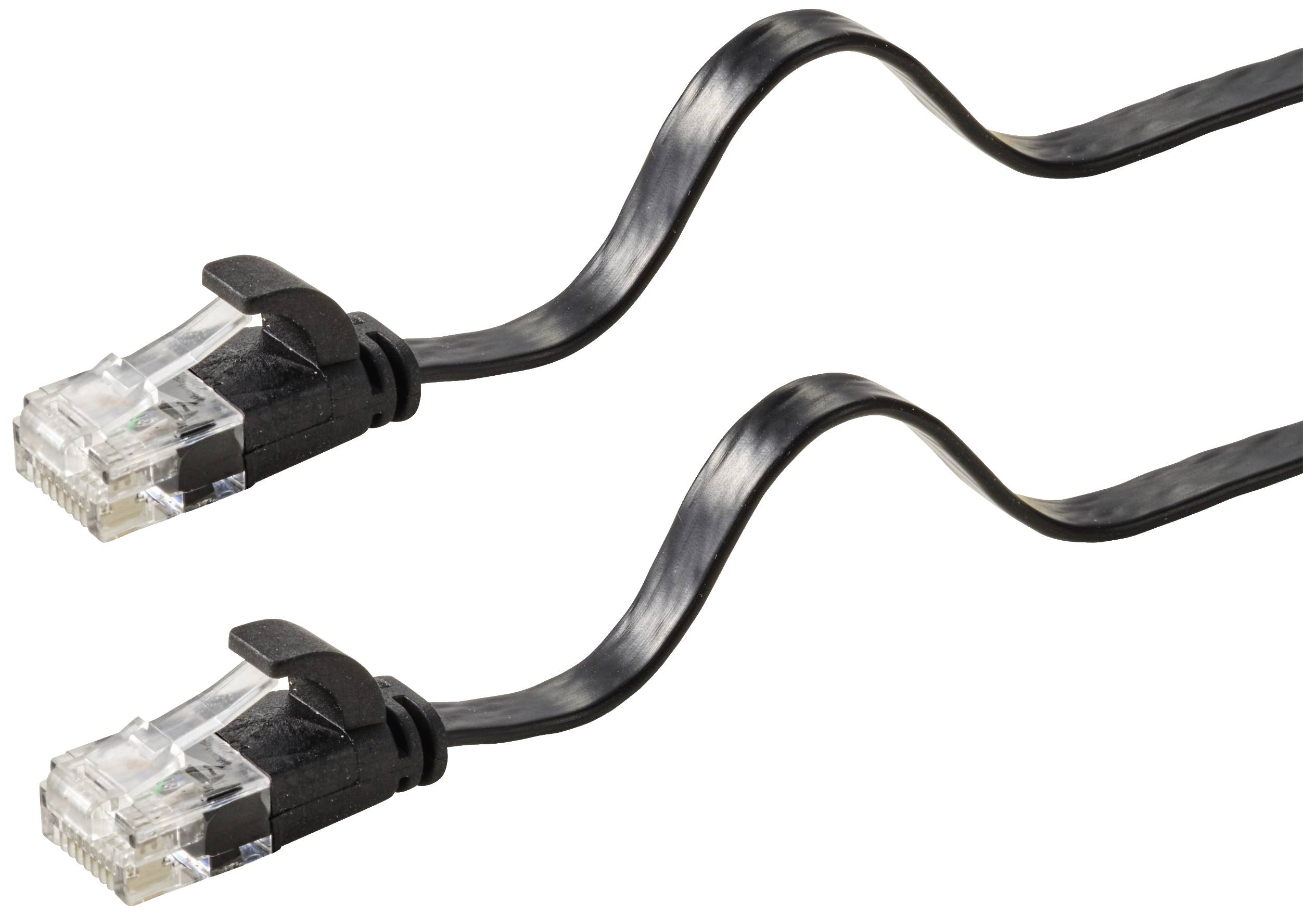 Zwei schwarze Ethernet-Kabel mit durchsichtigen Steckern, die nebeneinander verlaufen.