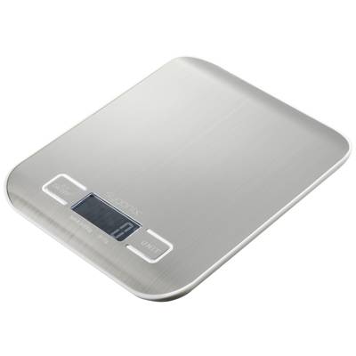 Digitale Küchenwaage aus Metall mit LED-Anzeige, zeigt '0 g'. Flacher, rechteckiger Rahmen, geeignet zum genauen Wiegen von Zutaten.