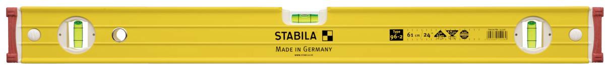 Wasserwaage, Marke Stabila, gelb mit grüner Flüssigkeit in den Libellen, 'Made in Germany'. Sie zeigt eine gerade Ausrichtung an.