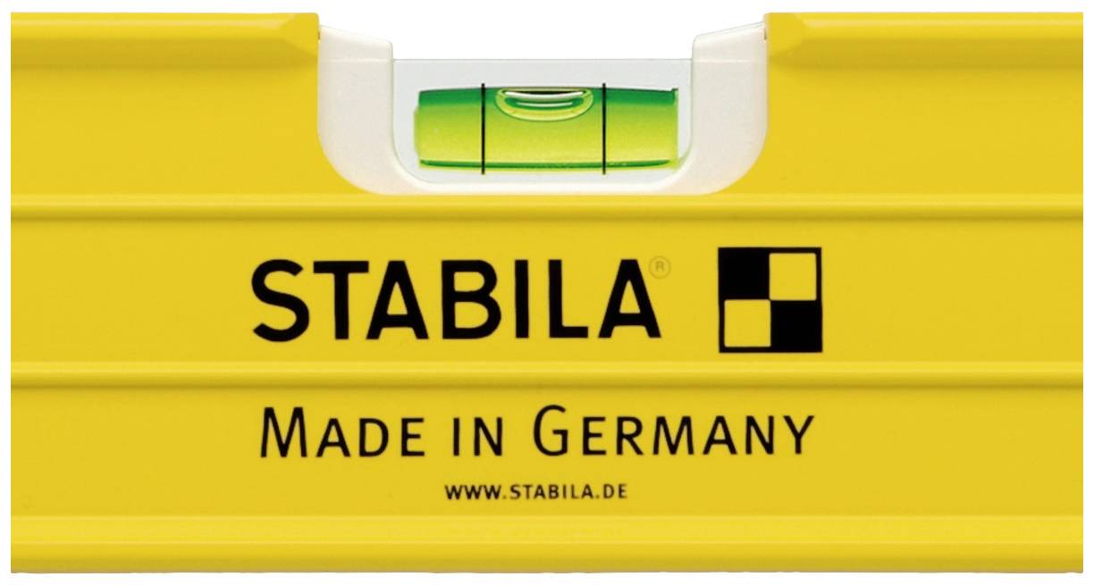Wasserwaage von Stabila, gelb, mit Schriftzug 'Made in Germany', zeigt exakt waagrechte Ausrichtung.